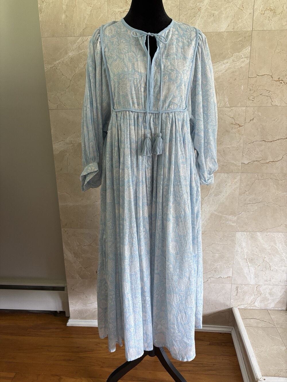 Fox & The Mermaid Blue Floral Puff-Sleeve Maxi — M Cotton Dreamy Coastal Boho